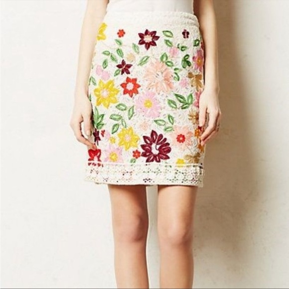Maeve Anthropologie Ayaka Popcorn Lace Cream Floral Embroidery Skirt - Picture 4 of 16